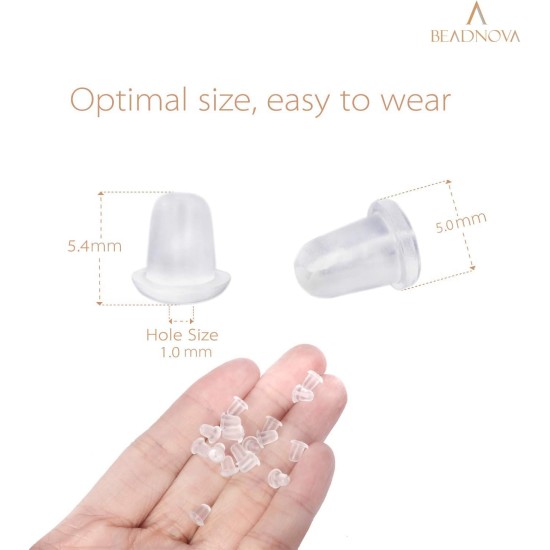 BEADNOVA Fermoirs de boucles d'oreilles pour clous en caoutchouc, plastique, silicone, supports de boucles d'oreilles transparents et sécurisés, bouchons d'oreille percés, bouchon de sécurité hypoallergénique, support de tige d'oreille pour clous d'oreill