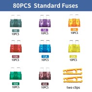 Fusible de voiture standard de 80 pièces, kit d'assortiment de fusibles (1A/3A/5A/10A/15A/20A/30A/40A) Fusible à lame automobile pour camping-car, camion, marine, accessoires automobiles