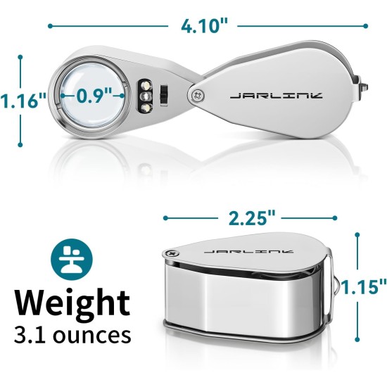 JARLINK Loupe de bijoutier 40X avec construction en métal, loupe éclairée LED/UV pliable pour pierres précieuses, bijoux, pièces de monnaie, timbres