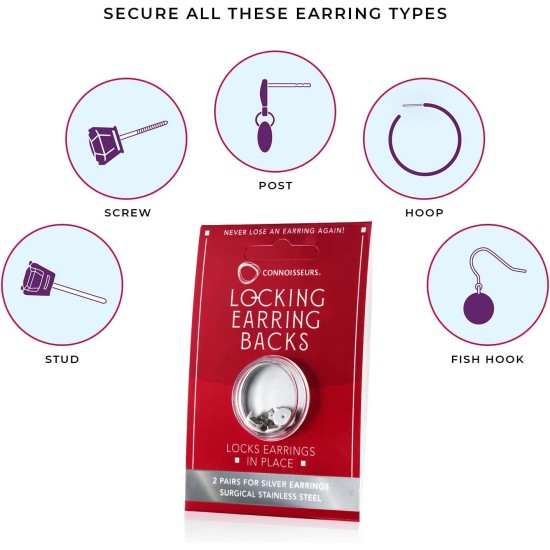 CONNOISSEURS Fermoirs de boucles d'oreilles verrouillables – Fermoirs de boucles d'oreilles hypoallergéniques pour clous, créoles et plus encore – Ne perdez plus jamais une boucle d'oreille