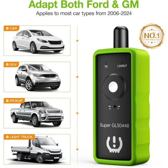 VXDAS Outil de réapprentissage TPMS 2 en 1 Super GL50448 pour GM et Ford avec bouton de commutation de modèle, activation de réinitialisation du moniteur de capteur de pression des pneus pour Buick/Cadillac/Chevrolet/GMC/Lincoln édition 2025 (vert)