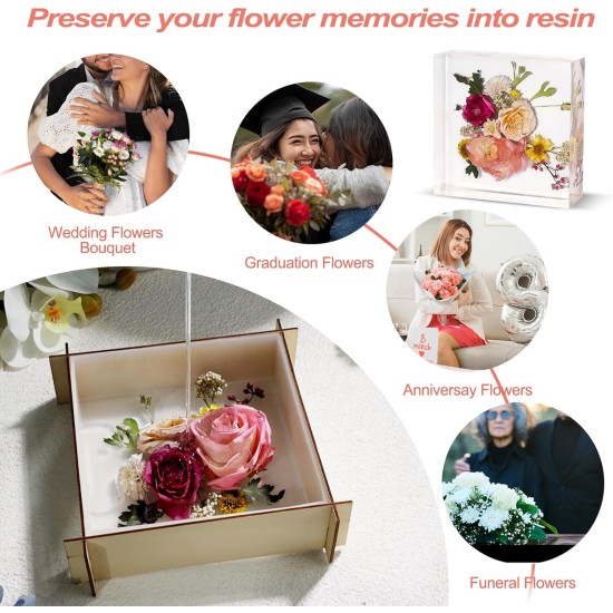 LET'S RESIN Lot de 8 moules en résine de silicone, moules en résine époxy profonde pour la conservation des bouquets de fleurs, grands moules en silicone pour le moulage de résine, y compris un moule en résine carré hexagonal en forme de cœur