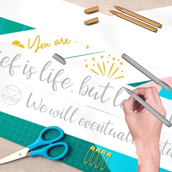 Ceinture blanche 5 pièces, 2 stylos dorés + 2 stylos argentés, ceinture vierge, fabriquer notre propre ceinture, ceintures pour concours, ceintures de fête