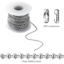 Chaîne d'étiquette de chien en acier inoxydable de 33 pieds avec connecteurs assortis pour la fabrication de bijoux, colliers, bracelets suspendus, porte-clés (2,4 mm)