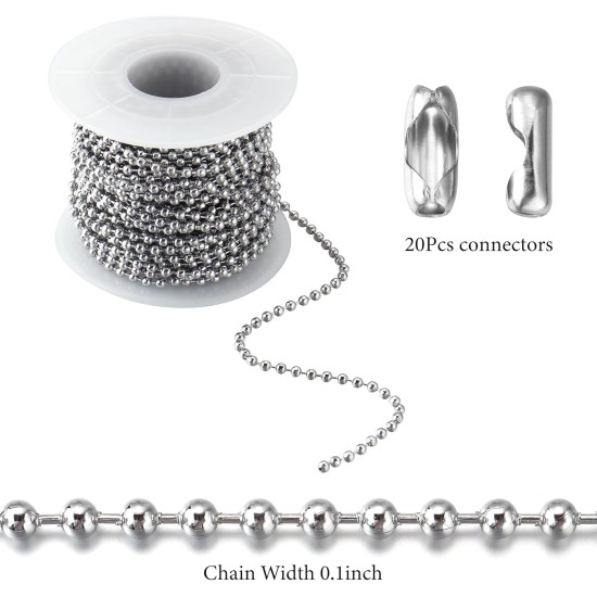 Chaîne d'étiquette de chien en acier inoxydable de 33 pieds avec connecteurs assortis pour la fabrication de bijoux, colliers, bracelets suspendus, porte-clés (2,4 mm)