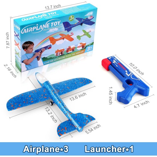 Fuwidvia Lot de 3 lanceurs d'avion, jouet planeur en mousse LED 33,2 cm pour garçons, 2 modes de vol, jouets volants en plein air, cadeaux d'anniversaire pour garçons et filles de 4, 5, 6, 7, 8, 9, 10, 11, 12 ans (bleu, vert et orange)