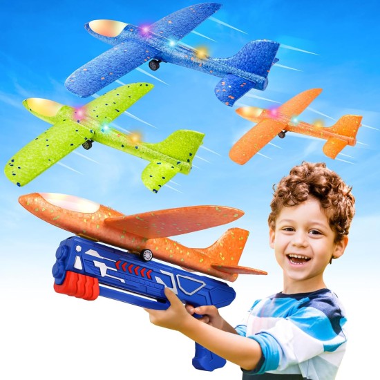 Fuwidvia Lot de 3 lanceurs d'avion, jouet planeur en mousse LED 33,2 cm pour garçons, 2 modes de vol, jouets volants en plein air, cadeaux d'anniversaire pour garçons et filles de 4, 5, 6, 7, 8, 9, 10, 11, 12 ans (bleu, vert et orange)