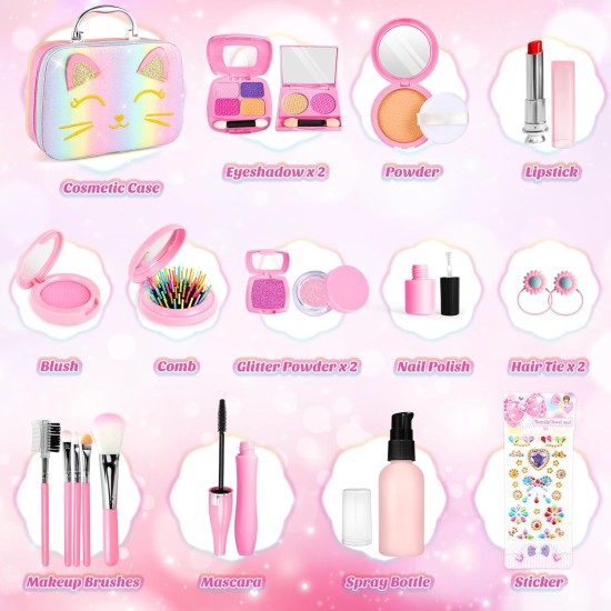Faire semblant de maquillage pour les tout-petits, ensemble de maquillage pour enfants de 3 à 5 ans, kit de maquillage pour tout-petits, jouets de chat pour enfants, faux maquillage, cadeaux d'anniversaire, jouets pour filles de 3, 4, 5, 6, 7, 8 ans et pl