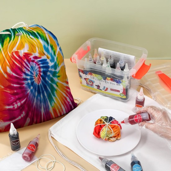 Kit de teinture à nouer 18 couleurs, avec 12 sacs vierges à cordon de serrage, teinture en tissu pour femmes, hommes, avec élastiques, gants, film plastique et nappes pour famille, amis, groupes, fournitures de fête