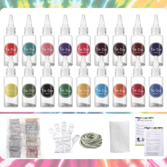 Kit de teinture à nouer 18 couleurs, avec 12 sacs vierges à cordon de serrage, teinture en tissu pour femmes, hommes, avec élastiques, gants, film plastique et nappes pour famille, amis, groupes, fournitures de fête