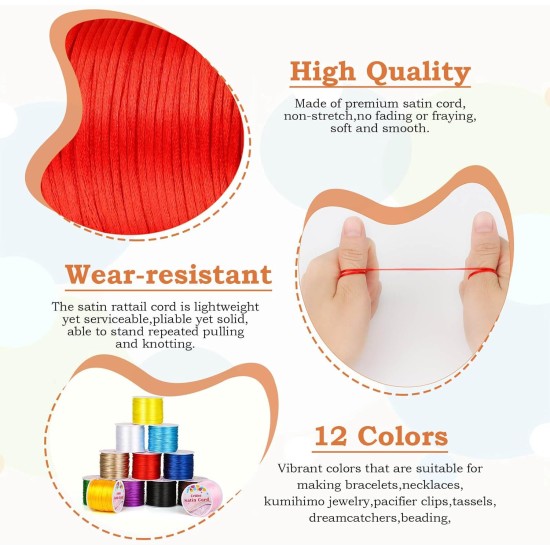 Cridoz Lot de 12 rouleaux de fil en nylon pour bracelets, cordon de soie en queue de rat satiné, cordon de perles soyeux pour Kumihimo, bracelets tressés, colliers pendentifs, macramé, cordons de porte-clés, fabrication de bijoux