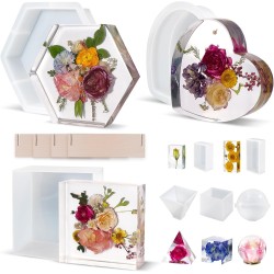 LET'S RESIN Lot de 8 moules en résine de silicone, moules en résine époxy profonde pour la conservation des bouquets de fleurs, grands moules en silicone pour le moulage de résine, y compris un moule en résine carré hexagonal en forme de cœur