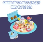 8th Wonder Bluey Toys Service à thé en bois 18 pièces durable avec plateau, théière, cuillères à café et plus encore, jeu de simulation pour les tout-petits à partir de 3 ans