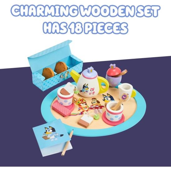 8th Wonder Bluey Toys Service à thé en bois 18 pièces durable avec plateau, théière, cuillères à café et plus encore, jeu de simulation pour les tout-petits à partir de 3 ans