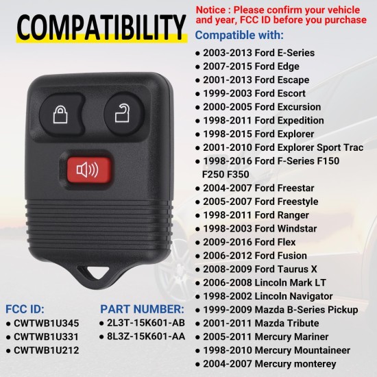 Lot de 2 clés à distance sans clé compatibles avec Ford F150 F250 F350 Escape Expedition Explorer Ranger, Lincoln, Mercury, Mazda et plus encore, remplacement pour CWTWB1U331 CWTWB1U345, 3 boutons (lot de 2)