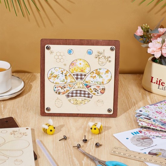 INFUNLY Kit d'art en bois en tissu d'abeille 17 x 17 cm, kit d'art en noyer avec tissu matelassé, kits d'artisanat en bois d'abeille avec instructions (français non garanti) Kits d'art à insérer pour l'artisanat, cadeaux d'anniversaire