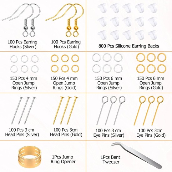 Kit de fabrication de boucles d'oreilles hypoallergéniques, modacraft 2000 pièces, kit de fournitures de fabrication de boucles d'oreilles avec crochets hypoallergéniques, accessoires de boucles d'oreilles, dos, épingles, anneaux ouverts pour la fabricati