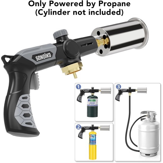 Sondiko Torche au propane puissante pour grill et cuisson L8010, sous vide, torche de soudage, brûleur à bois réglable pour saisir les steaks, barbecues, allume-feu de camp (noir, gris) Réservoir de propane non inclus