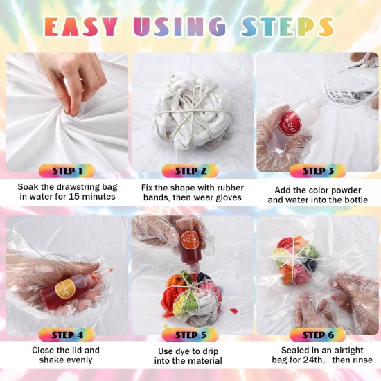 Kit de teinture à nouer 18 couleurs, avec 12 sacs vierges à cordon de serrage, teinture en tissu pour femmes, hommes, avec élastiques, gants, film plastique et nappes pour famille, amis, groupes, fournitures de fête