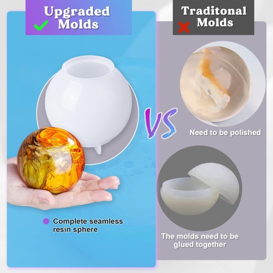 LET'S RESIN 9 pièces moules en silicone sphère pour résine, moules en résine sphère 3D sans couture améliorés, grands moules en résine époxy à boule ronde pour la conservation des fleurs, moulage de résine, savon, bougie