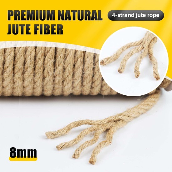 Ficelle de jute naturelle, rouleau de corde de jute de 8 mm x 50 pieds, ficelle épaisse robuste pour griffoir de chat, regroupement, jardinage et bricolage