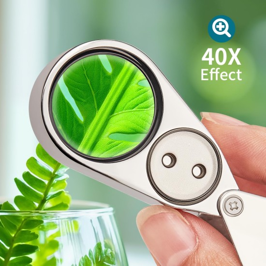 JARLINK Loupe de bijoutier 40X avec construction en métal, loupe éclairée LED/UV pliable pour pierres précieuses, bijoux, pièces de monnaie, timbres