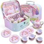 JOYIN Ensemble de thé licorne pour petites filles, ensemble de théière en étain rose, jouet de cuisine princesse Tea Time avec théière, tasse, assiette, étui de transport pour enfants tout-petits âgés de 3, 4, 5, 6 ans, cadeau d'anniversaire de Pâques