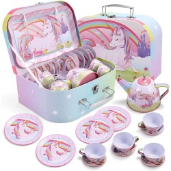 JOYIN Ensemble de thé licorne pour petites filles, ensemble de théière en étain rose, jouet de cuisine princesse Tea Time avec théière, tasse, assiette, étui de transport pour enfants tout-petits âgés de 3, 4, 5, 6 ans, cadeau d'anniversaire de Pâques