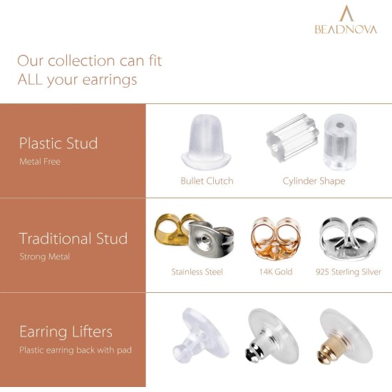 BEADNOVA Fermoirs de boucles d'oreilles pour clous en caoutchouc, plastique, silicone, supports de boucles d'oreilles transparents et sécurisés, bouchons d'oreille percés, bouchon de sécurité hypoallergénique, support de tige d'oreille pour clous d'oreill
