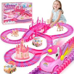 Jouets licorne pour enfants filles de 4 à 6 ans : 232 pièces de piste de course de camion monstre licorne avec 2 voitures à tirer, jouets pour filles de 3, 4, 5, 6, 7 ans, cadeaux d'anniversaire de Pâques pour filles de 3 à 5, 6 à 8 ans.