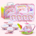 JOYIN Ensemble de thé licorne pour petites filles, ensemble de théière en étain rose, jouet de cuisine princesse Tea Time avec théière, tasse, assiette, étui de transport pour enfants tout-petits âgés de 3, 4, 5, 6 ans, cadeau d'anniversaire de Pâques