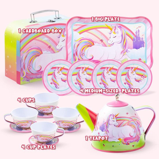 JOYIN Ensemble de thé licorne pour petites filles, ensemble de théière en étain rose, jouet de cuisine princesse Tea Time avec théière, tasse, assiette, étui de transport pour enfants tout-petits âgés de 3, 4, 5, 6 ans, cadeau d'anniversaire de Pâques