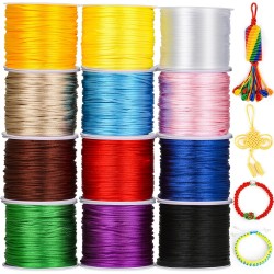 Cridoz Lot de 12 rouleaux de fil en nylon pour bracelets, cordon de soie en queue de rat satiné, cordon de perles soyeux pour Kumihimo, bracelets tressés, colliers pendentifs, macramé, cordons de porte-clés, fabrication de bijoux