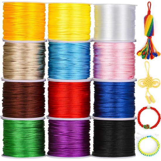 Cridoz Lot de 12 rouleaux de fil en nylon pour bracelets, cordon de soie en queue de rat satiné, cordon de perles soyeux pour Kumihimo, bracelets tressés, colliers pendentifs, macramé, cordons de porte-clés, fabrication de bijoux