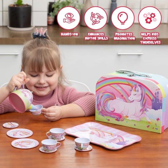 JOYIN Ensemble de thé licorne pour petites filles, ensemble de théière en étain rose, jouet de cuisine princesse Tea Time avec théière, tasse, assiette, étui de transport pour enfants tout-petits âgés de 3, 4, 5, 6 ans, cadeau d'anniversaire de Pâques