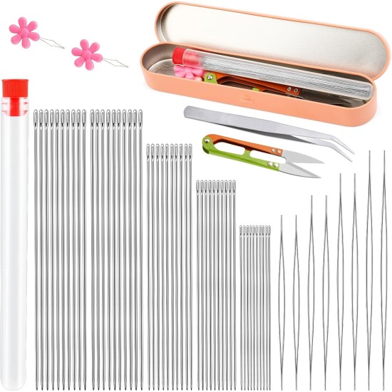 Lot de 58 aiguilles à perles pour la fabrication de bijoux, aiguilles à gros chas, aiguilles à perles ultra fines en acier inoxydable, chas flexible, parfaites pour les perles, la broderie et les travaux manuels.