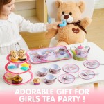 JOYIN 35 pièces ensemble de thé licorne pour petites filles, ensemble de théière en étain, jouet de cuisine princesse Tea Time avec dessert, beignet, étui de transport pour cadeaux d'anniversaire de Pâques enfants tout-petits âgés de 3 4 5 6