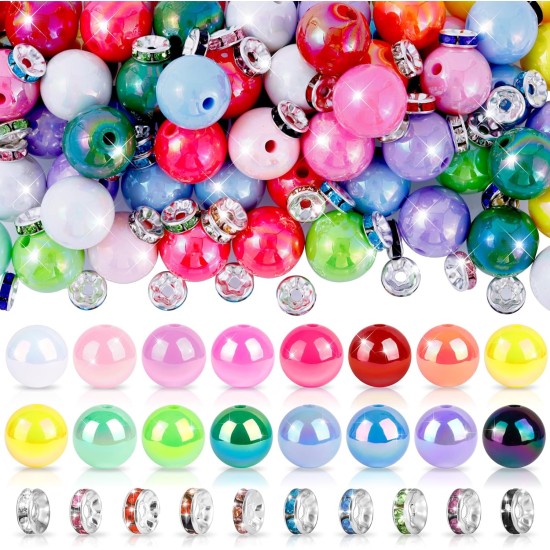 Lot de 320 perles pour stylos, perles focales de 14 mm et perles d'espacement en strass de 8 mm, adaptées pour les stylos, bracelets, porte-clés, fabrication de bijoux, perles acryliques arc-en-ciel, cadeaux de Noël