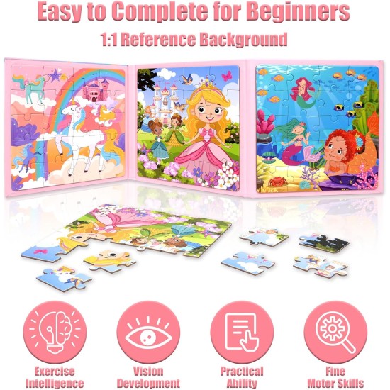 Puzzles magnétiques pour enfants de 3 à 5 ans, puzzles de voyage 3 en 1 princesse licorne sirène pour enfants de 4 à 6 ans, jouets d'activités de voyage en voiture, avion, cadeaux de Pâques pour filles