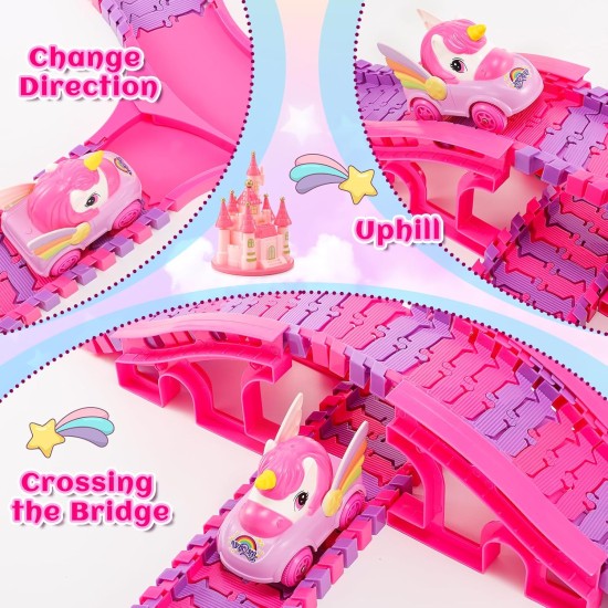 Jouets licorne pour enfants filles de 4 à 6 ans : 232 pièces de piste de course de camion monstre licorne avec 2 voitures à tirer, jouets pour filles de 3, 4, 5, 6, 7 ans, cadeaux d'anniversaire de Pâques pour filles de 3 à 5, 6 à 8 ans.
