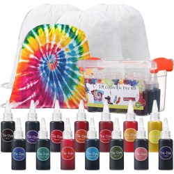 Kit de teinture à nouer 18 couleurs, avec 12 sacs vierges à cordon de serrage, teinture en tissu pour femmes, hommes, avec élastiques, gants, film plastique et nappes pour famille, amis, groupes, fournitures de fête