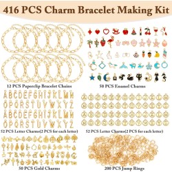 Flasoo Kit de fabrication de bracelets à breloques en or 416 pièces, comprenant des bracelets à chaîne avec trombone, des breloques et des anneaux ouverts pour la fabrication de bijoux