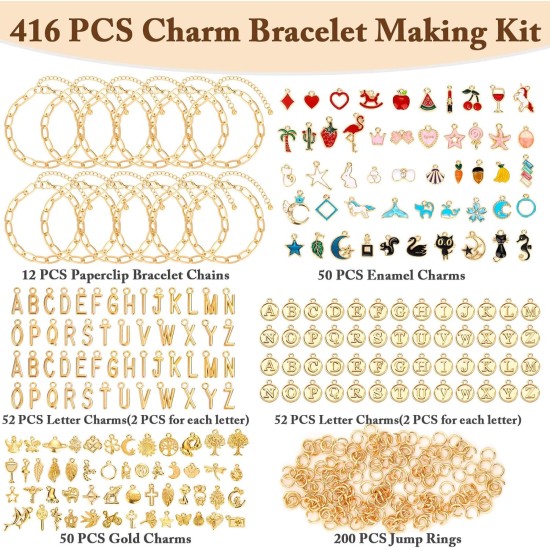 Flasoo Kit de fabrication de bracelets à breloques en or 416 pièces, comprenant des bracelets à chaîne avec trombone, des breloques et des anneaux ouverts pour la fabrication de bijoux