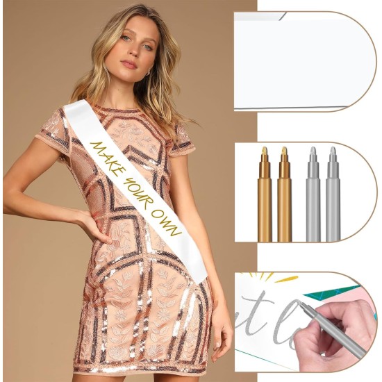 Ceinture blanche 5 pièces, 2 stylos dorés + 2 stylos argentés, ceinture vierge, fabriquer notre propre ceinture, ceintures pour concours, ceintures de fête