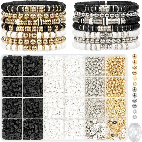 Gionlion Lot de 3 000 bracelets en perles d'argile pour femmes et adultes, kit de fabrication de bracelets, perles dorées pour la fabrication de bijoux, kit de bracelets à breloques, loisirs créatifs, cadeaux d'anniversaire, de Saint-Valentin