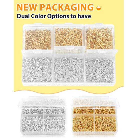 FIVEIZERO Lot de 600 petites épingles à œil pour la fabrication de bijoux et les travaux manuels, mini vis à œillets pour projets artistiques et breloques en perles, petits crochets à œil pour travaux manuels (or et argent, 3 tailles)