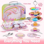JOYIN 35 pièces ensemble de thé licorne pour petites filles, ensemble de théière en étain, jouet de cuisine princesse Tea Time avec dessert, beignet, étui de transport pour cadeaux d'anniversaire de Pâques enfants tout-petits âgés de 3 4 5 6