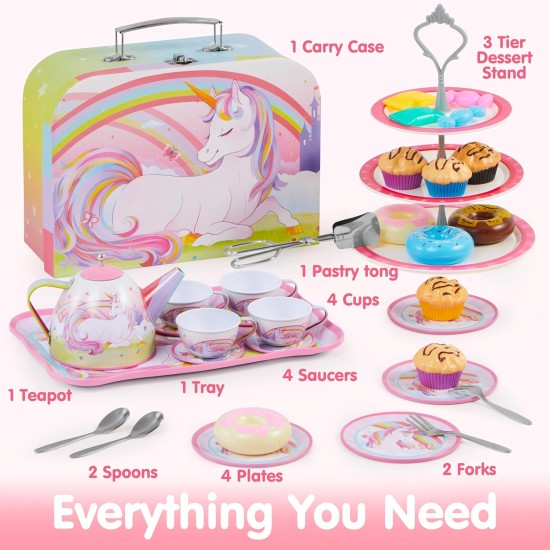 JOYIN 35 pièces ensemble de thé licorne pour petites filles, ensemble de théière en étain, jouet de cuisine princesse Tea Time avec dessert, beignet, étui de transport pour cadeaux d'anniversaire de Pâques enfants tout-petits âgés de 3 4 5 6