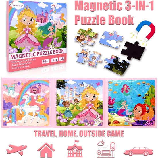 Puzzles magnétiques pour enfants de 3 à 5 ans, puzzles de voyage 3 en 1 princesse licorne sirène pour enfants de 4 à 6 ans, jouets d'activités de voyage en voiture, avion, cadeaux de Pâques pour filles