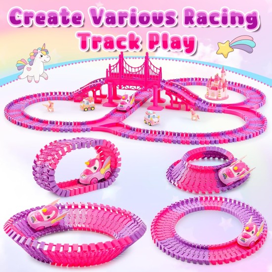 Jouets licorne pour enfants filles de 4 à 6 ans : 232 pièces de piste de course de camion monstre licorne avec 2 voitures à tirer, jouets pour filles de 3, 4, 5, 6, 7 ans, cadeaux d'anniversaire de Pâques pour filles de 3 à 5, 6 à 8 ans.